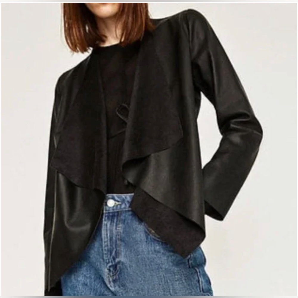COPY - Zara Faux Leather Open Front Drape Blazer Jacket in Black - size L